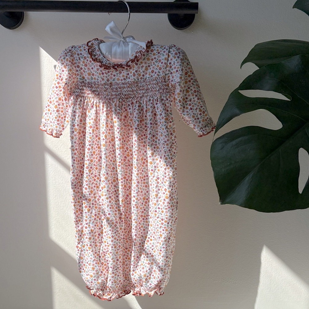 Kissy Kissy Smocked Pink Floral Gown Ruffle Trim Snaps Elastic Bottom